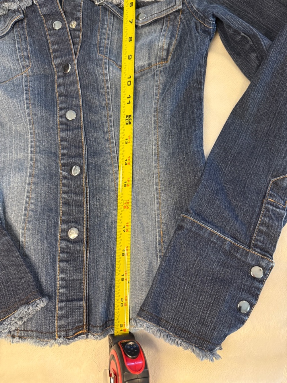 Bebe Vintage Y2K Fitted Frayed Denim Snap Front Shirt USA - Picture 8 of 9
